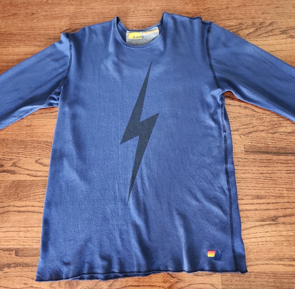 Aviator Nation Blue Long Sleeve Thermal Tee with Black Lightning Bolt